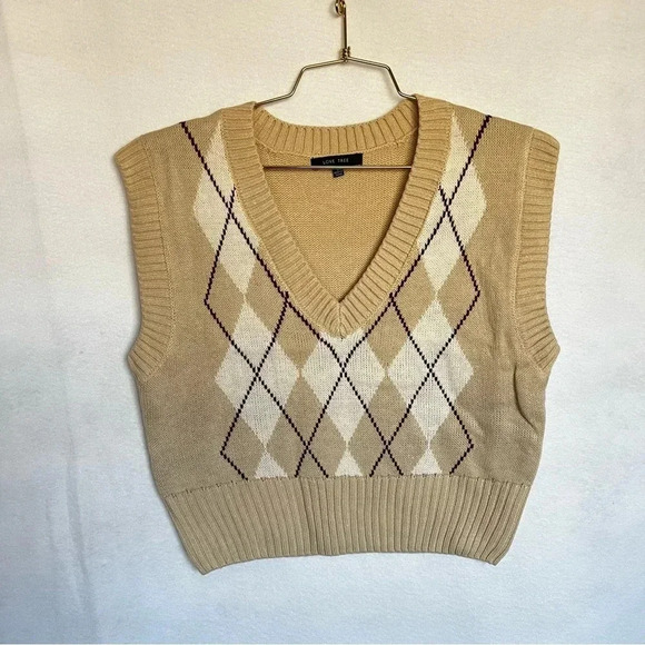 Argyle Sweater Vest V-Neck Soft Cozy Knitted Cream/Beige Soft - Picture 1 of 7